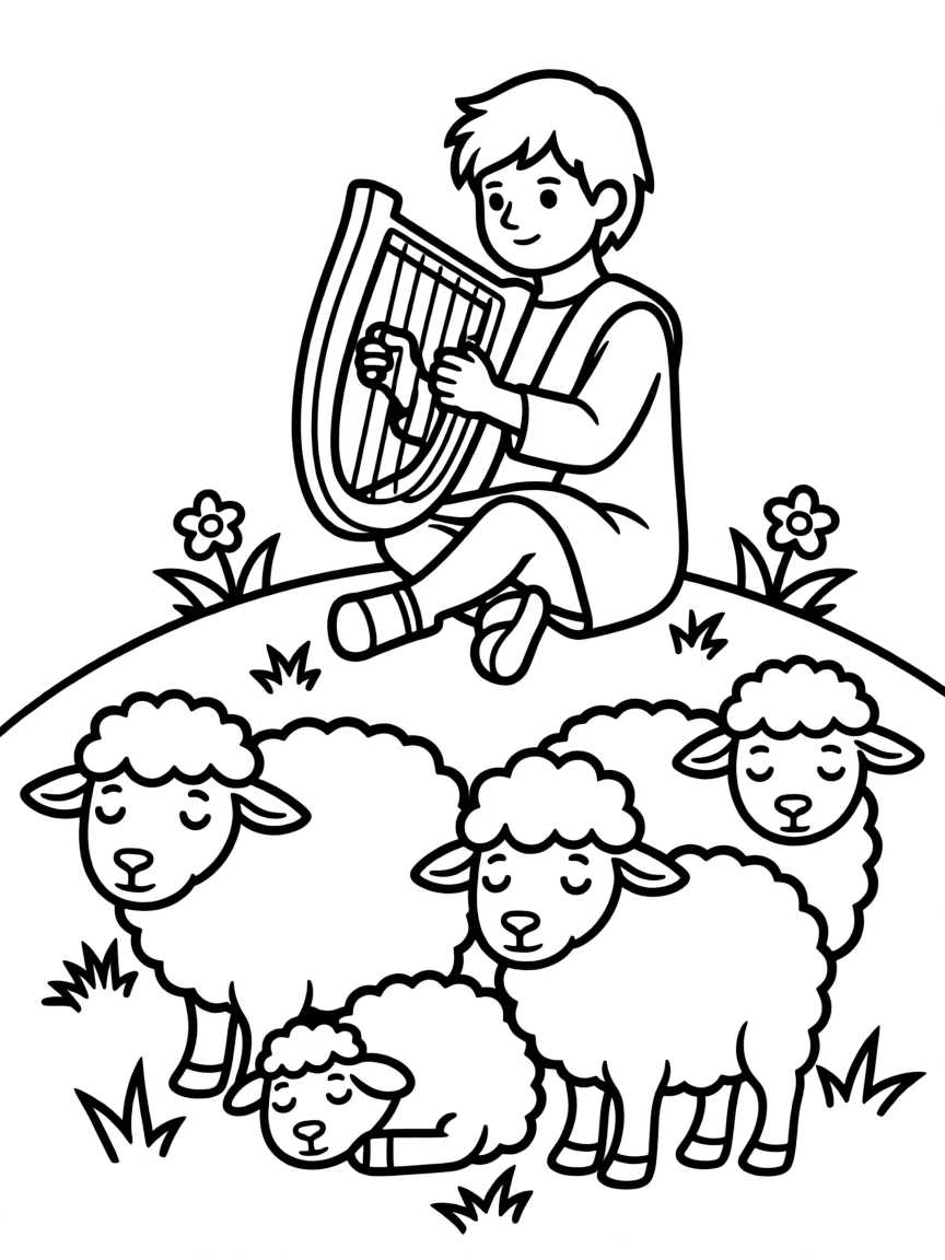 David as a young shepherd boy playing his harp for a group of sleepy sheep.