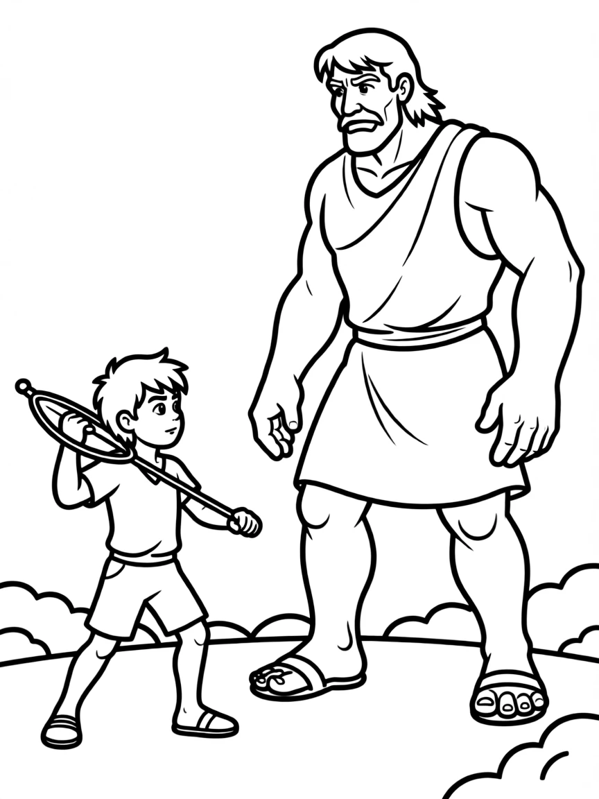 David bravely facing Goliath, who is a giant, with a slingshot in his hand.