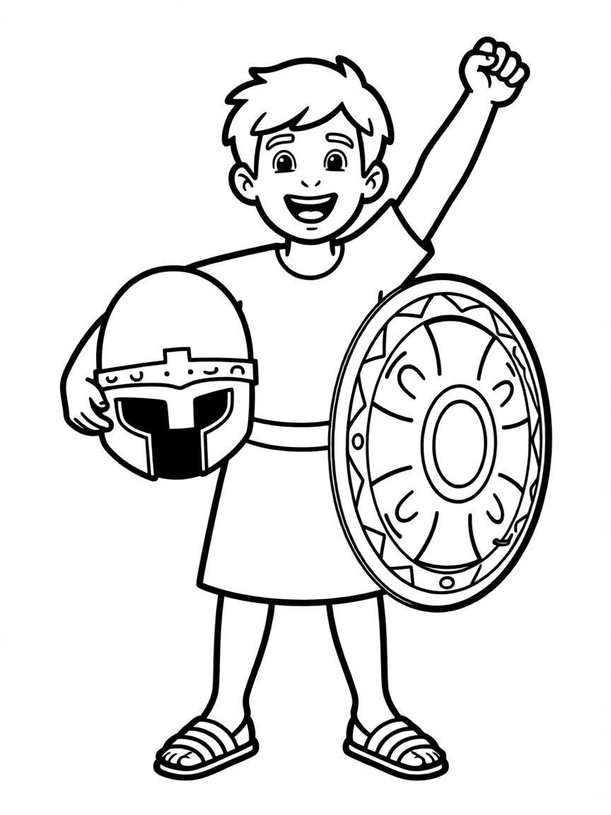David celebrating after defeating Goliath, holding Goliath's helmet and shield.