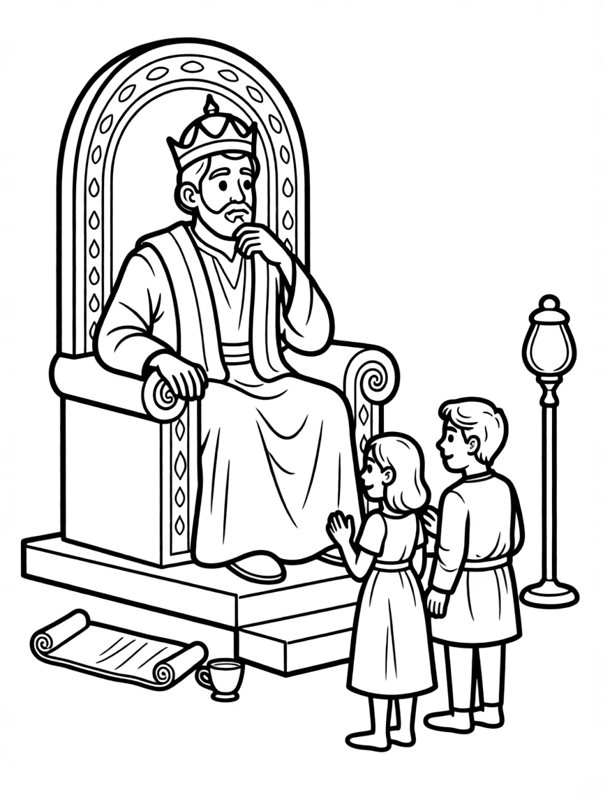 King Solomon on his throne, looking thoughtful and wise, with two people asking for advice.