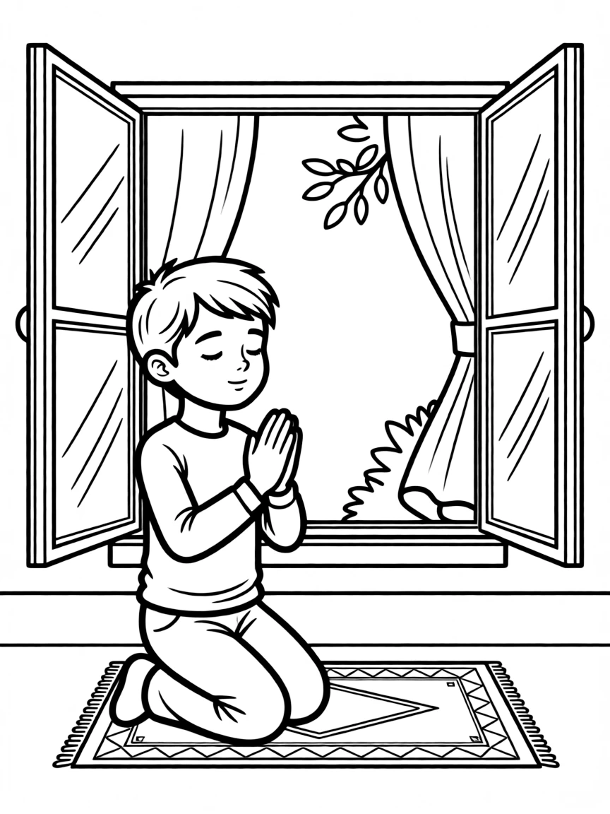 Daniel praying in front of an open window, with a calm expression.