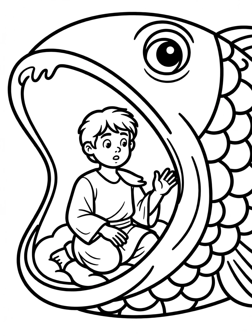 Jonah inside the belly of a big fish, looking surprised but safe.