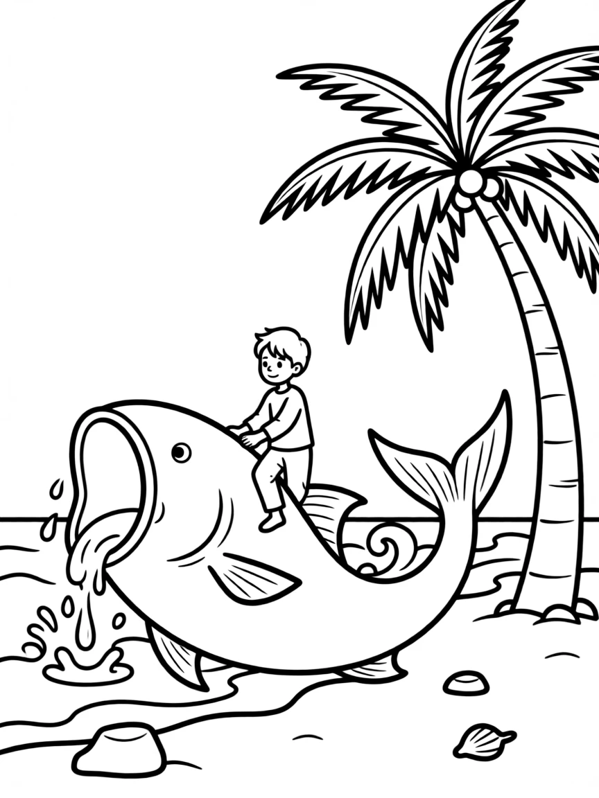 Jonah being spit out onto dry land by the fish, with a palm tree nearby.