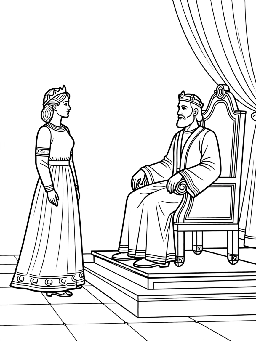 Queen Esther beautifully dressed, standing before King Ahasuerus.