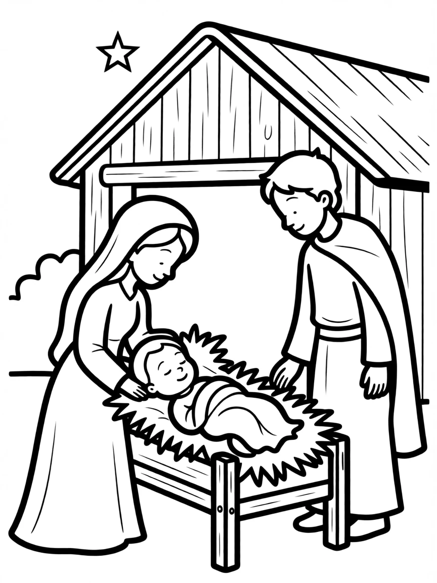 Baby Jesus in a manger, wrapped in swaddling clothes, with Mary and Joseph watching over him.