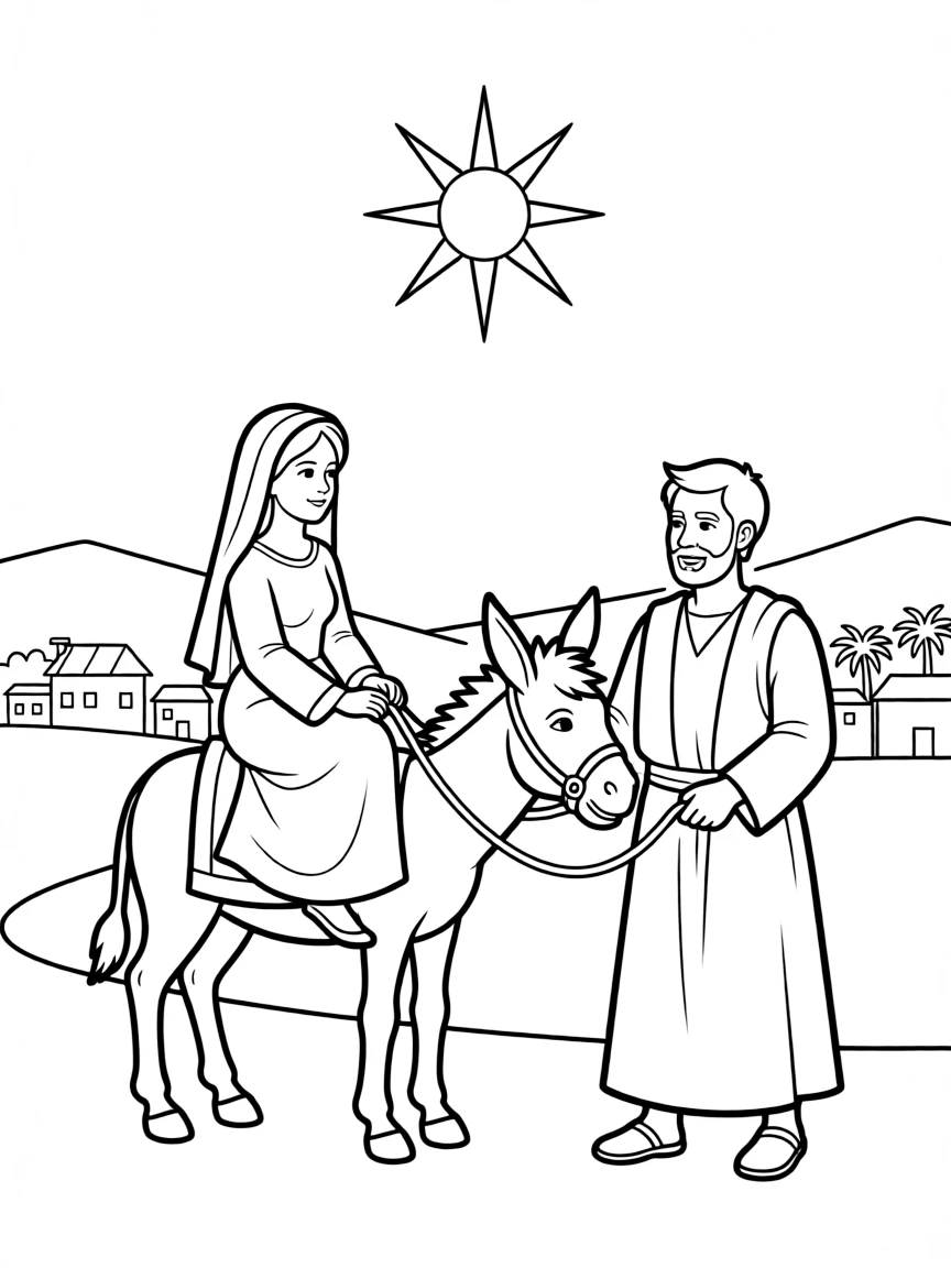 Mary and Joseph traveling on a donkey to Bethlehem, with a star shining bright.