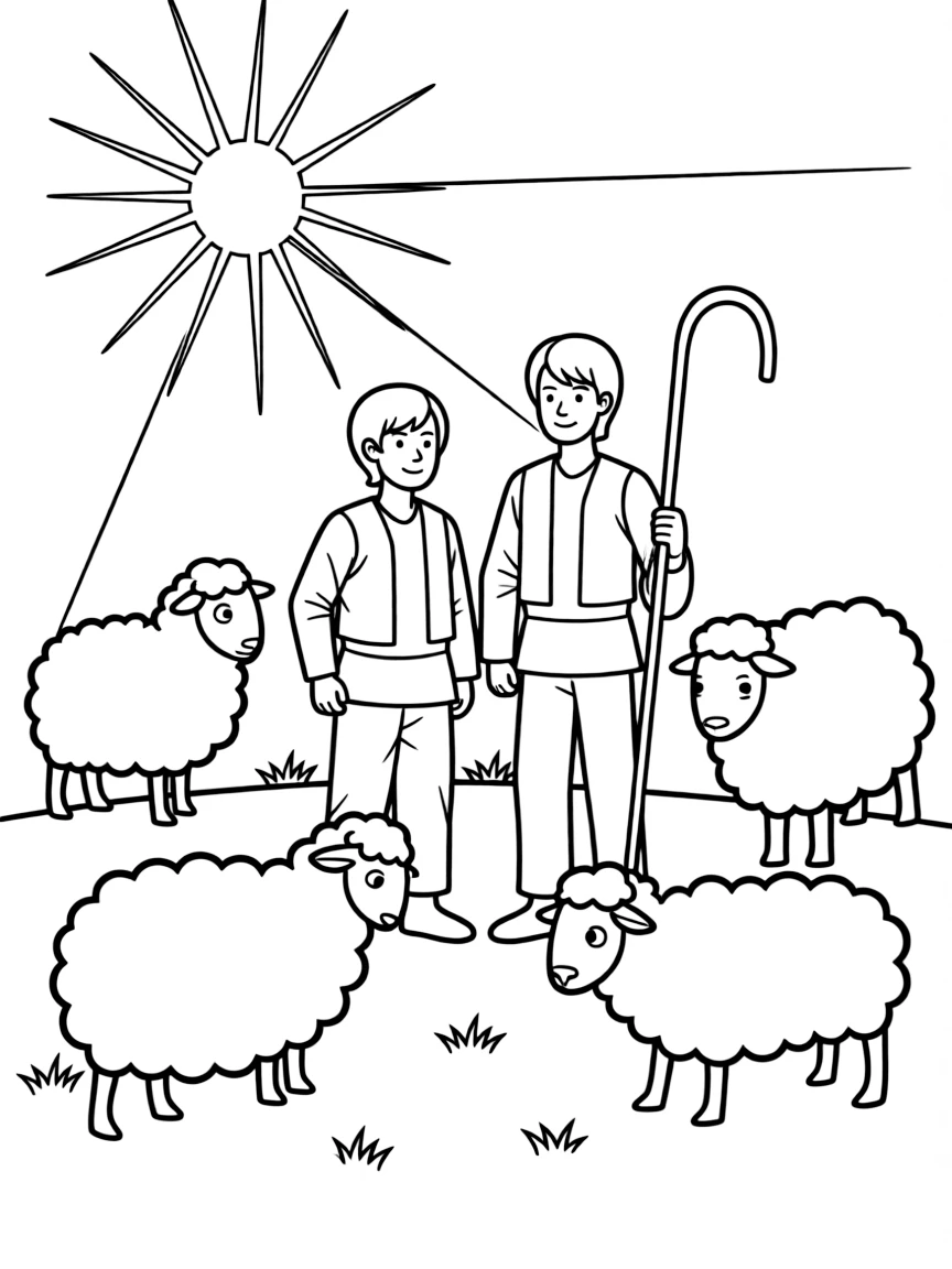 Shepherds with their sheep in a field, looking up at a bright star.
