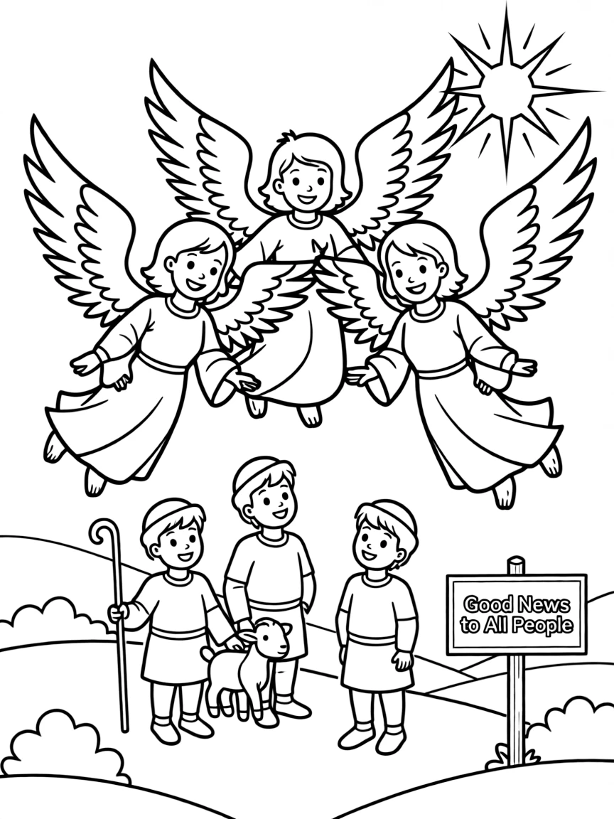 Angels appearing to the shepherds, with shining wings and joyful faces.