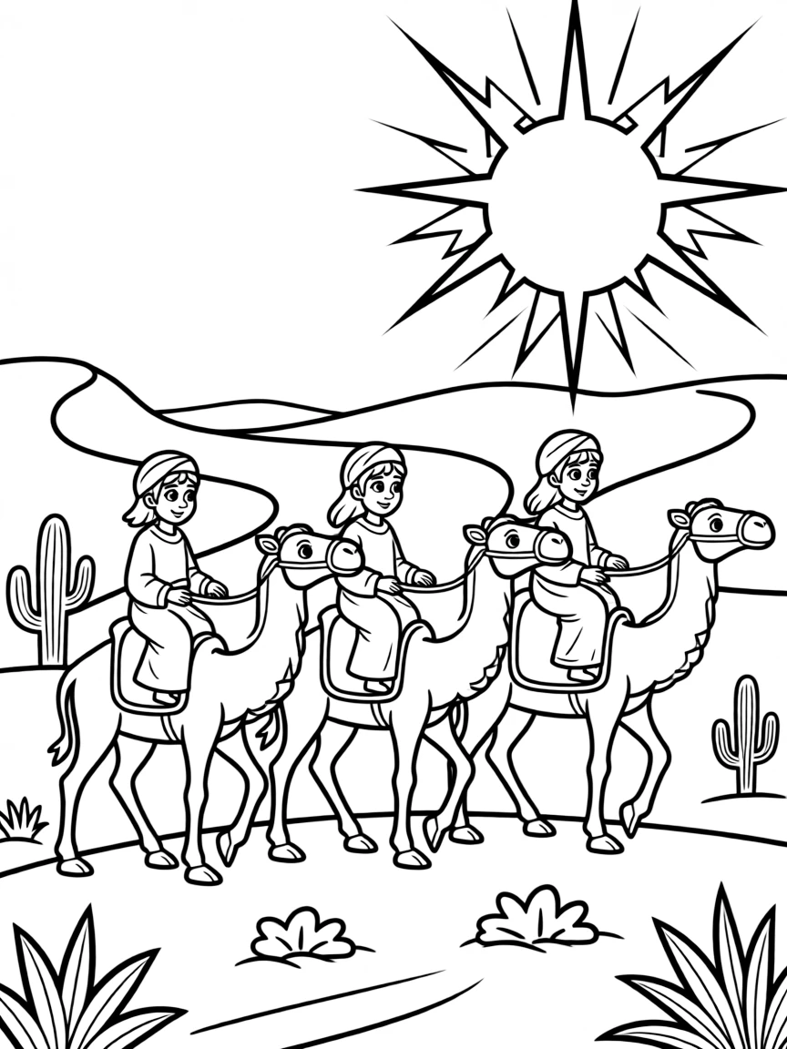 Three wise men riding camels, following a big, bright star across the desert.