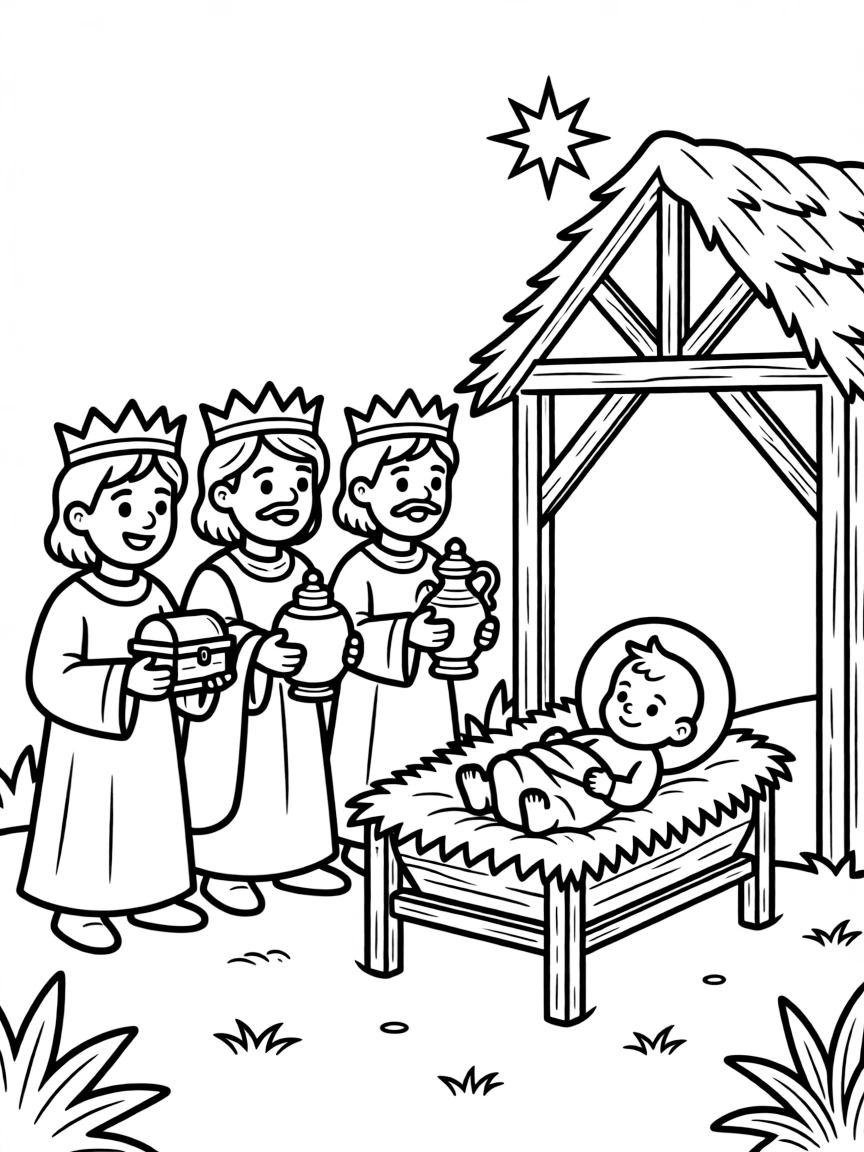 The wise men offering gifts of gold, frankincense, and myrrh to baby Jesus.