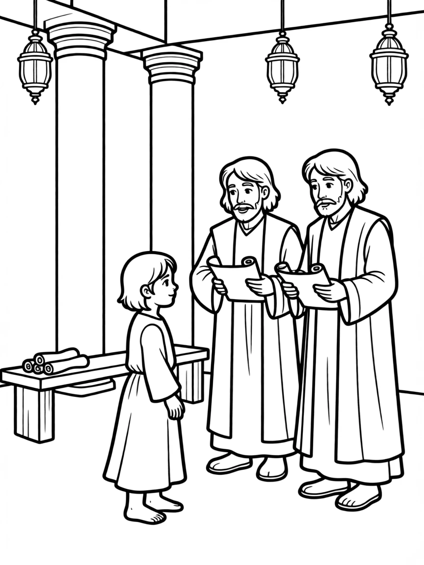 Young Jesus in the temple, listening to the teachers and asking questions.