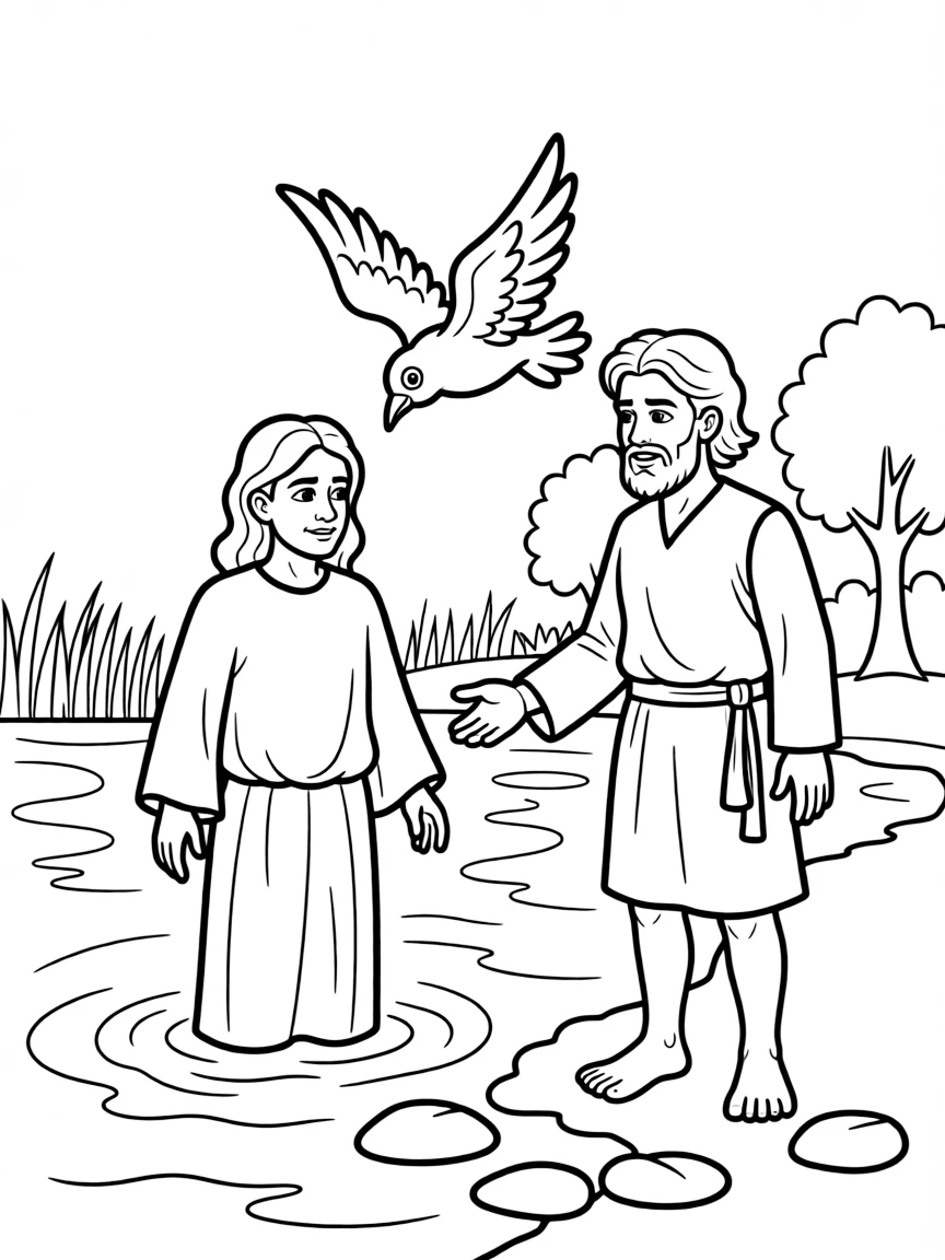 Jesus being baptized by John the Baptist in the Jordan River, with a dove flying down.