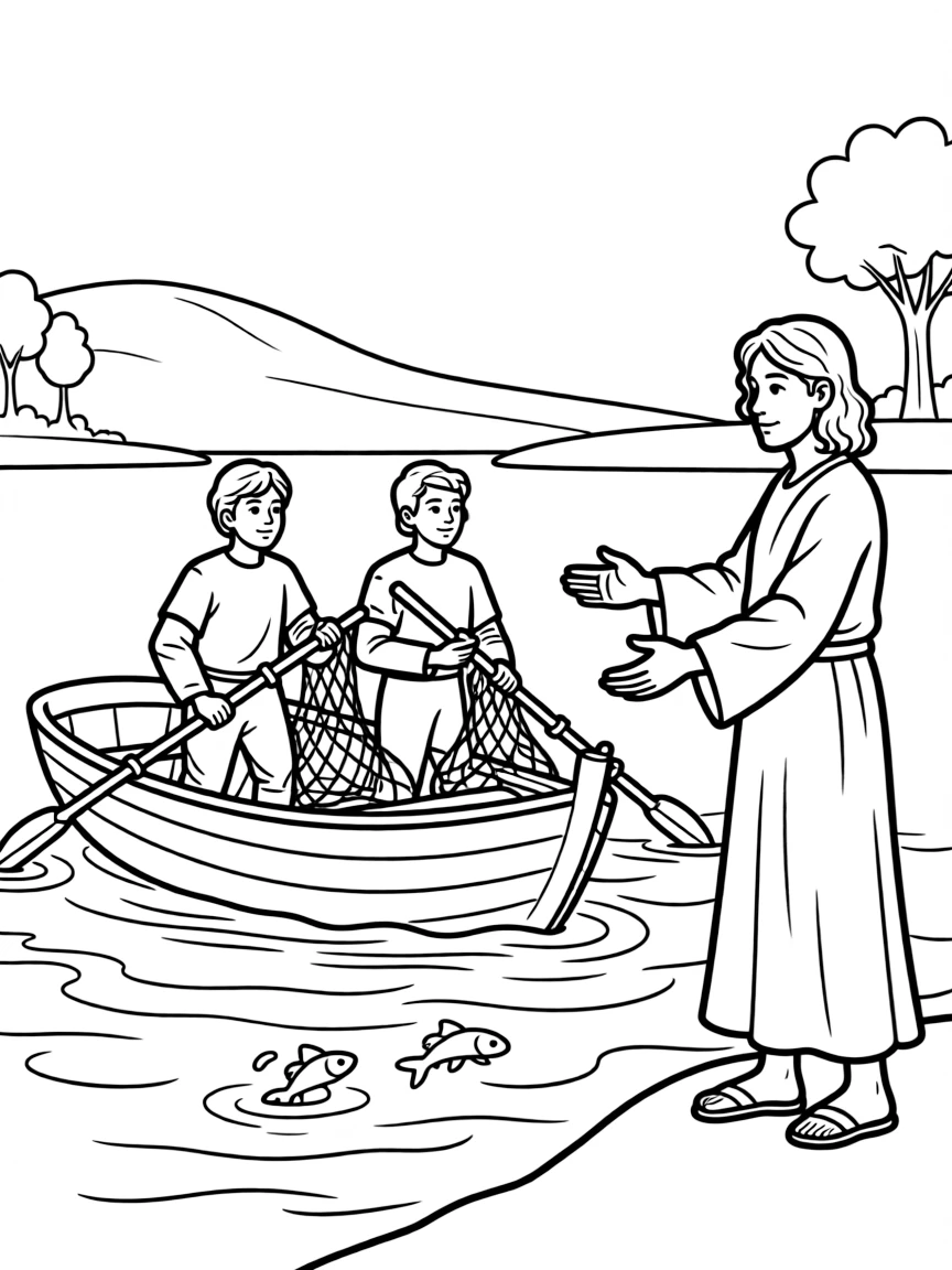 Jesus calling his first disciples, Peter and Andrew, who are fishing in a boat.