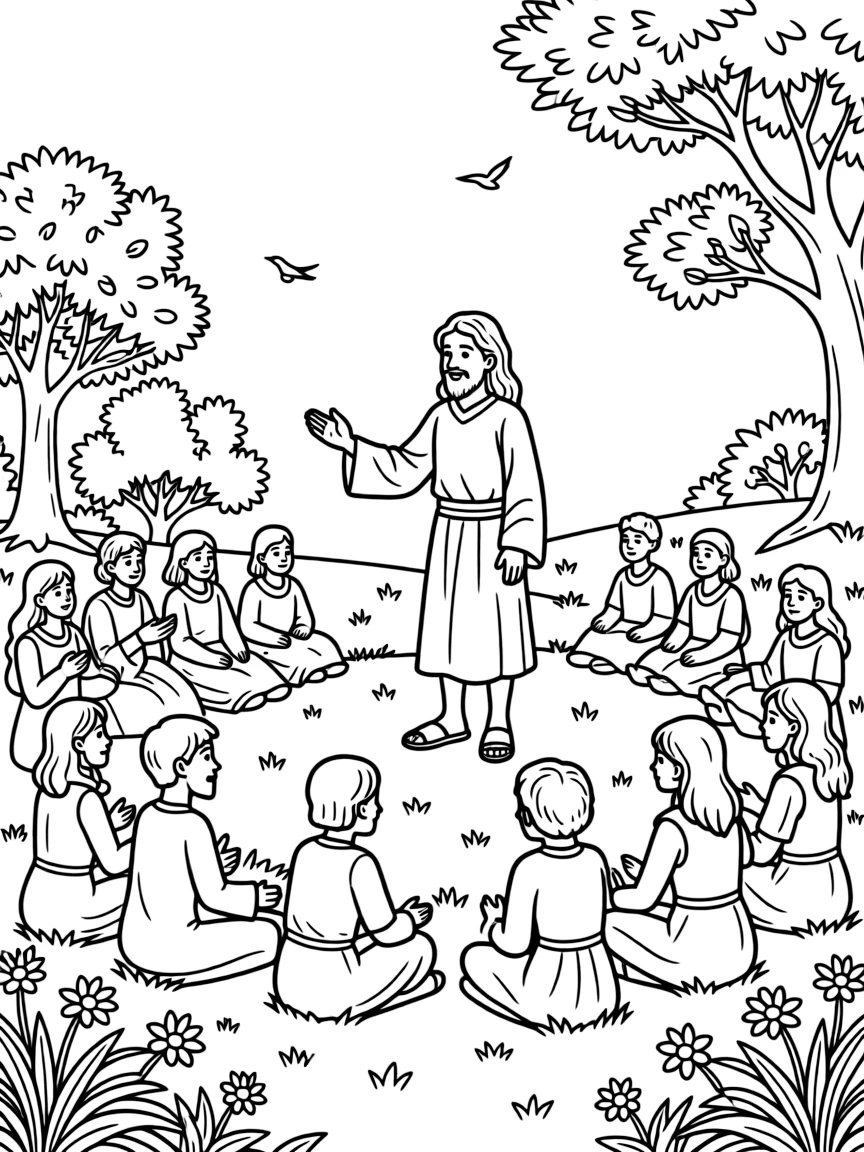 Jesus teaching a large crowd of people on a hillside, with flowers and trees.