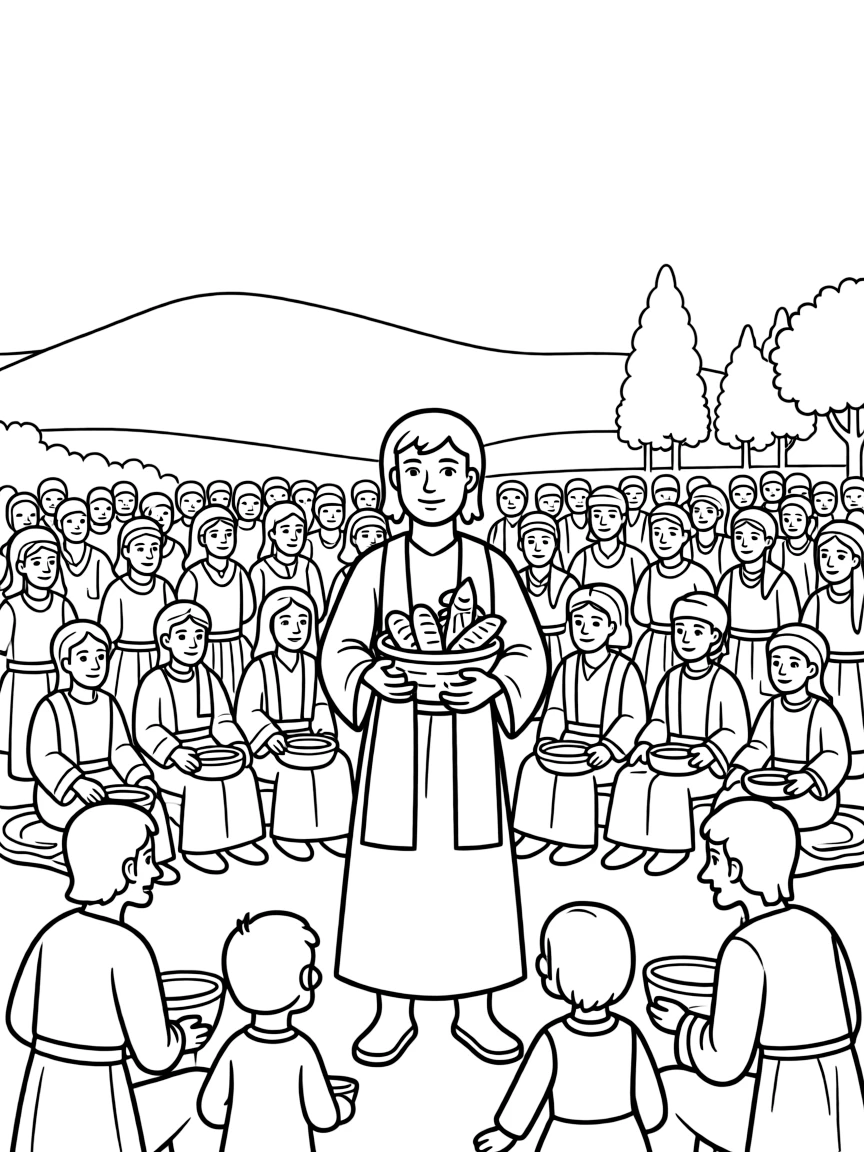 Jesus feeding five thousand people with just a few loaves of bread and fish.