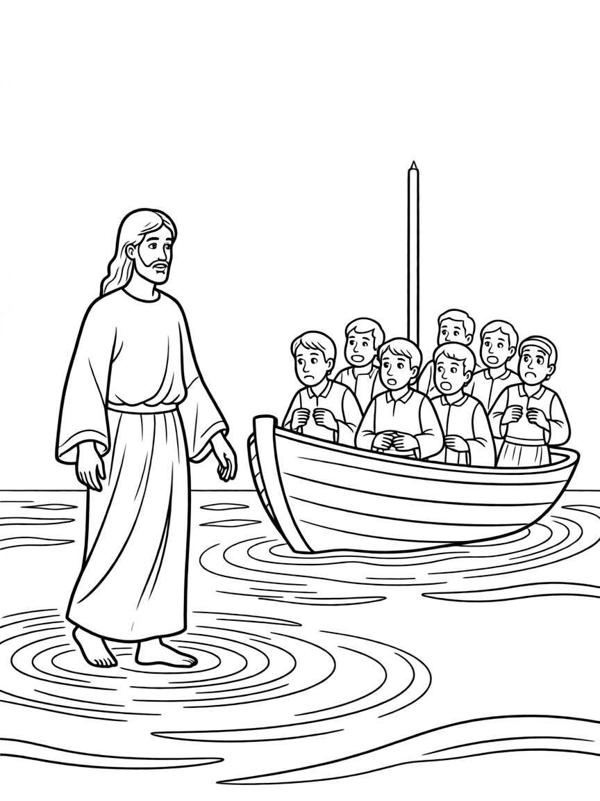 Jesus walking on water, with his disciples in a boat looking amazed.