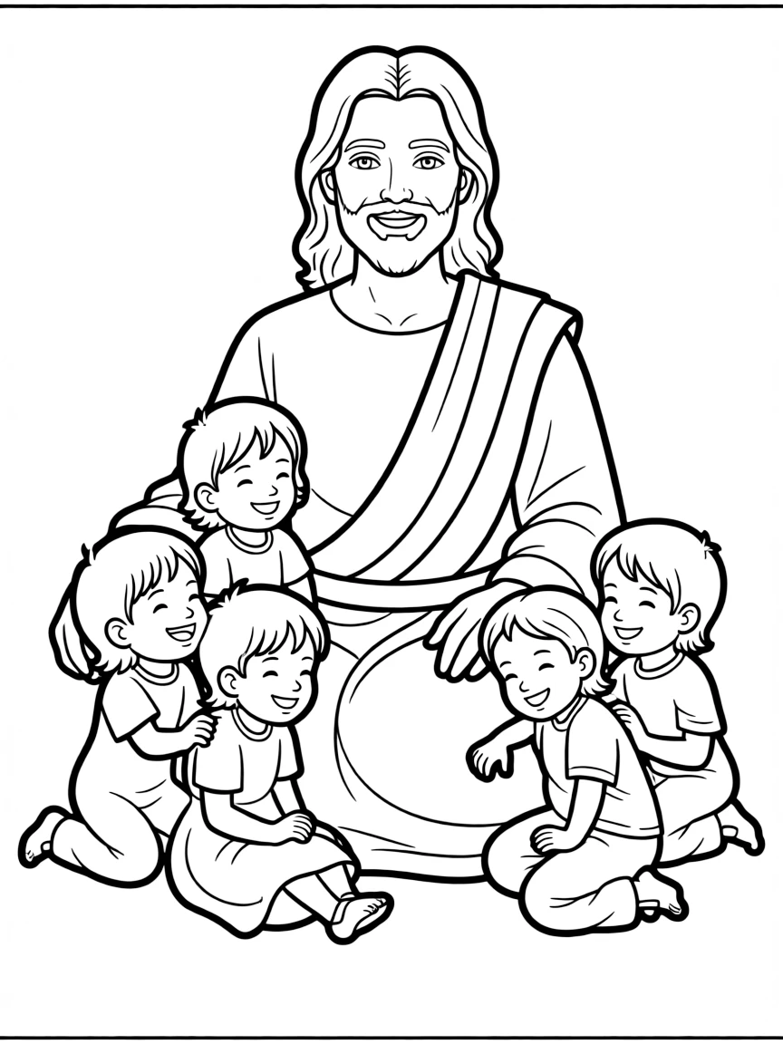 Jesus welcoming little children, with them sitting on his lap and around him.