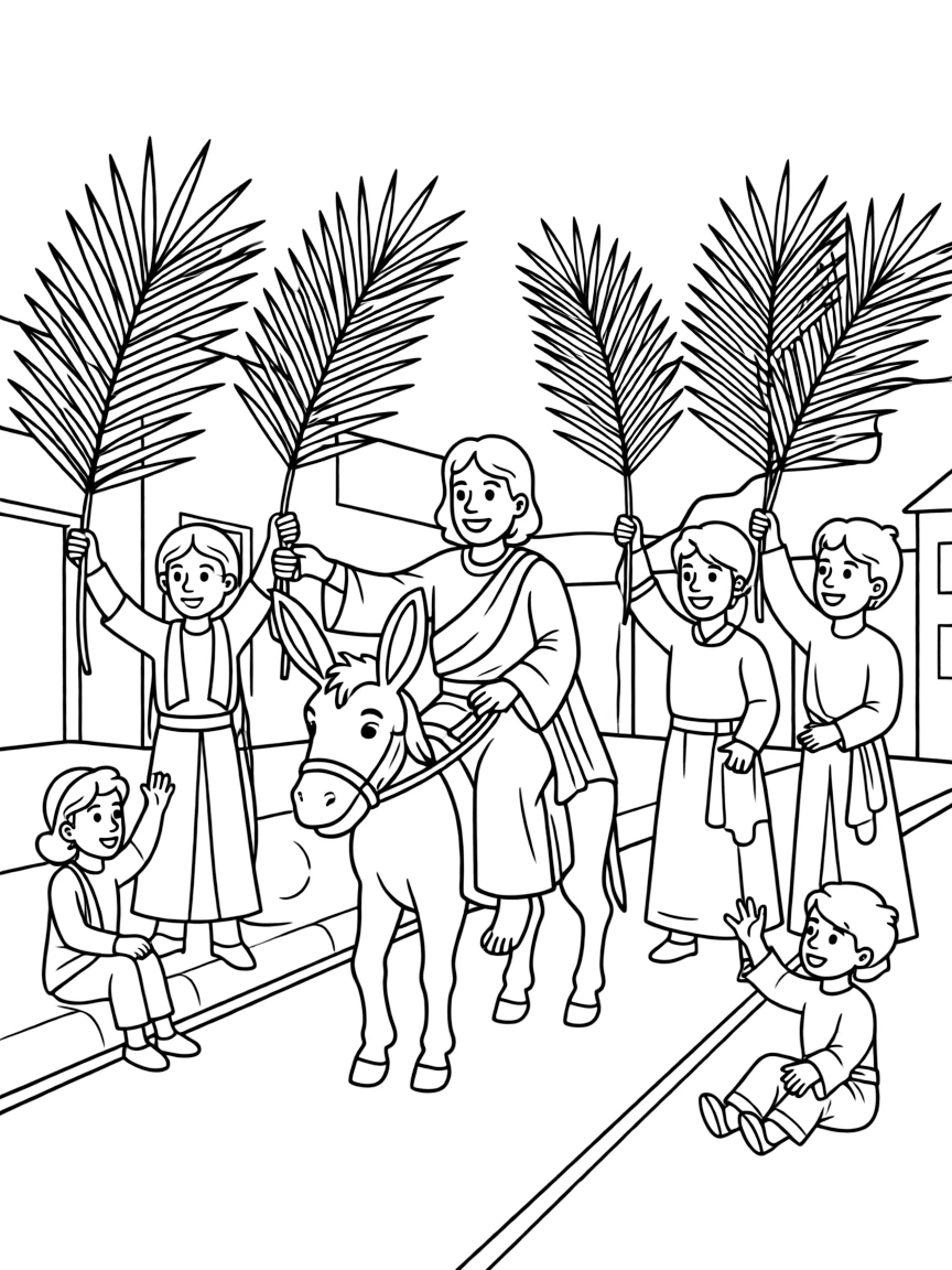 Jesus riding into Jerusalem on a donkey, with people waving palm branches.