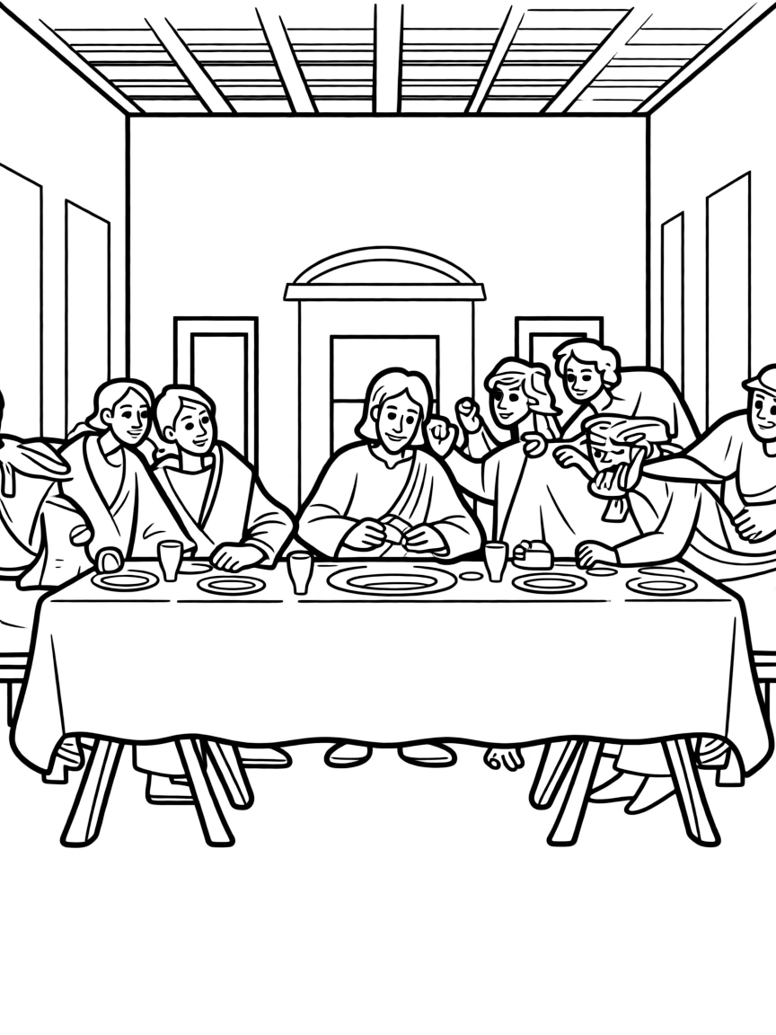 The Last Supper, with Jesus sharing bread and wine with his disciples around a table.