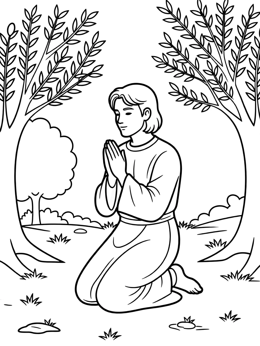 Jesus praying in the Garden of Gethsemane, with a calm expression.