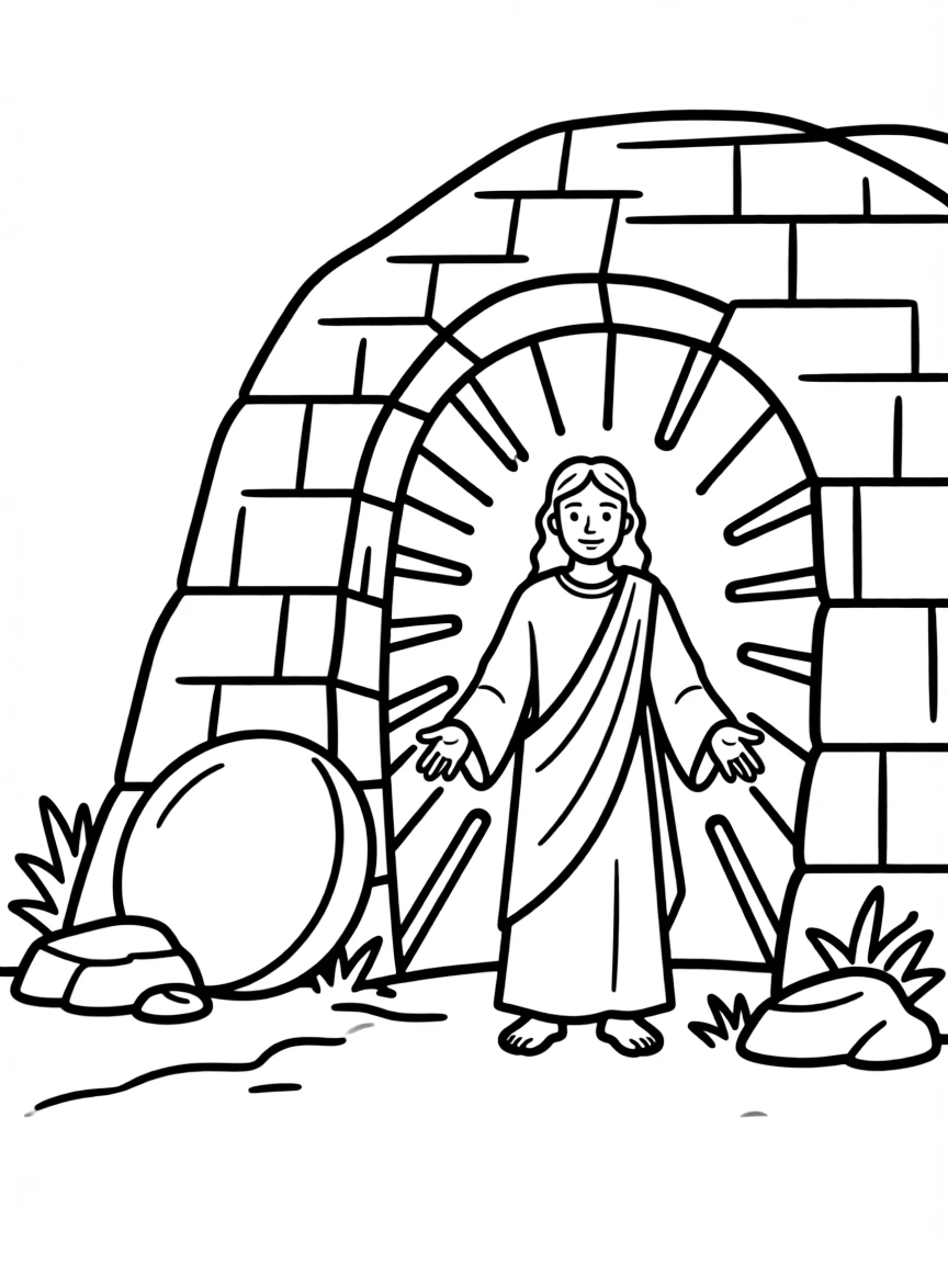 Jesus rising from the tomb, with the stone rolled away and light shining from inside.