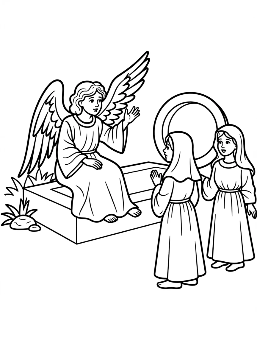 An angel sitting on the empty tomb, telling the women that Jesus is risen.