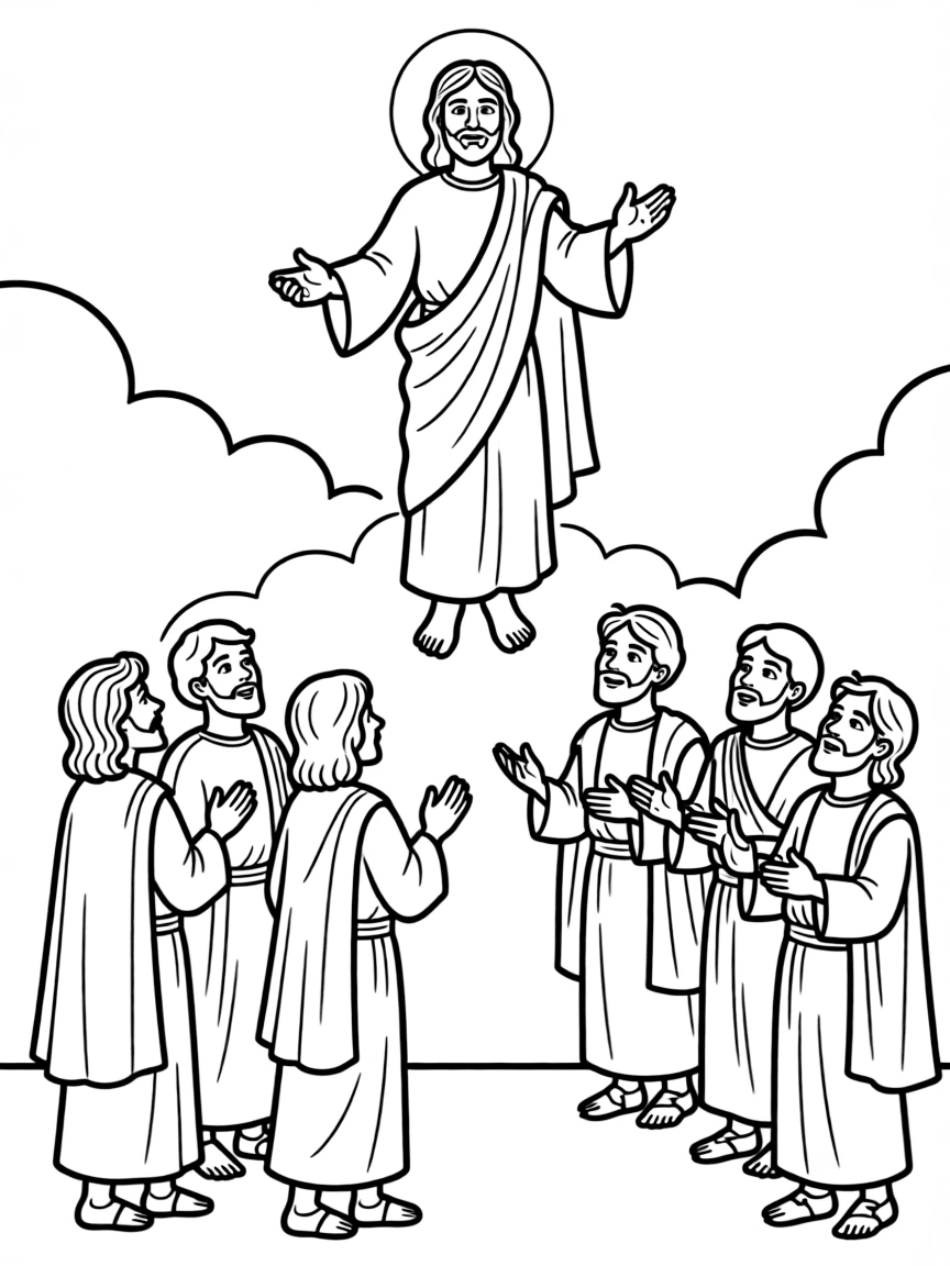 Jesus ascending into heaven, with his disciples looking up at him.