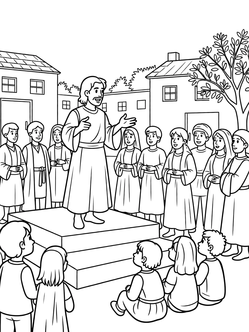 Peter preaching to a crowd in Jerusalem, with many people listening intently.