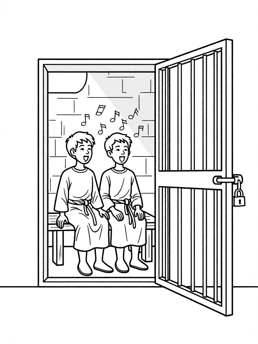 Paul and Silas singing hymns in prison, with the prison doors opening.