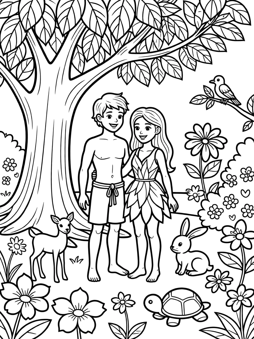Adam and Eve in the Garden of Eden, surrounded by beautiful flowers and friendly animals.