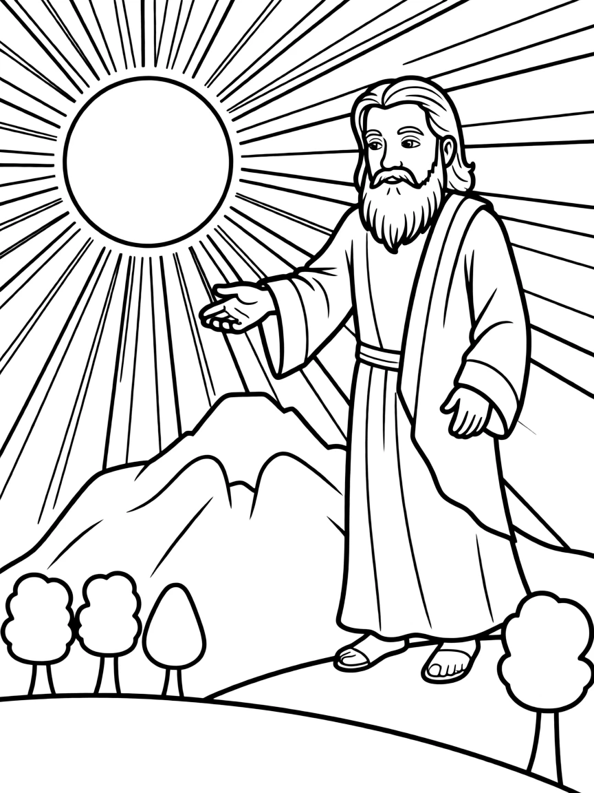 God creating the world, with a sun shining, mountains, and a clear blue sky.
