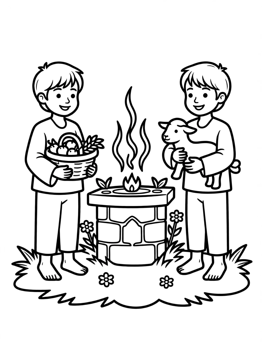Cain and Abel offering their gifts, with a small altar and smoke rising.