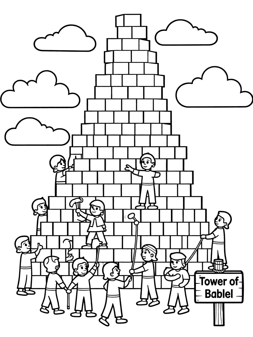 The Tower of Babel, with people trying to build a tall tower reaching the clouds.