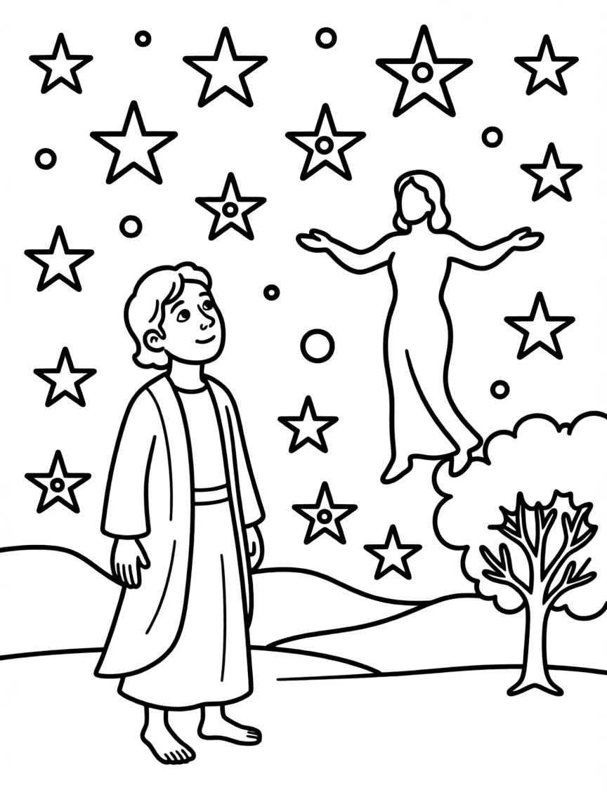 Abraham looking up at the stars, with God promising him many descendants.