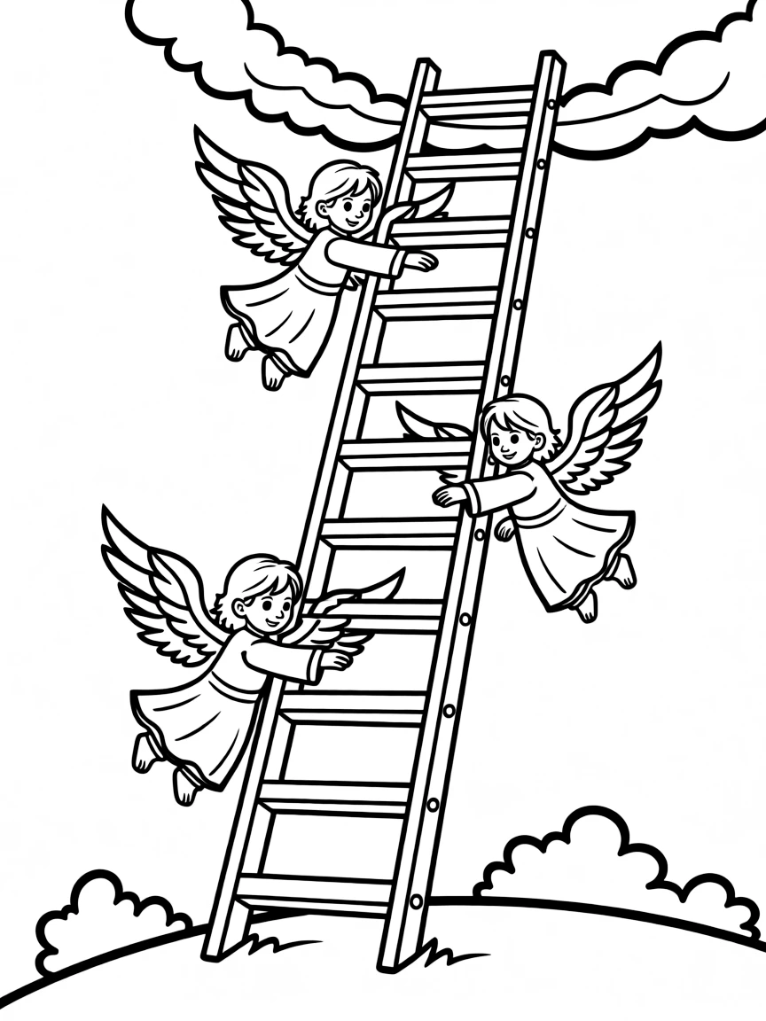 Jacob's ladder reaching from Earth to heaven, with angels going up and down.