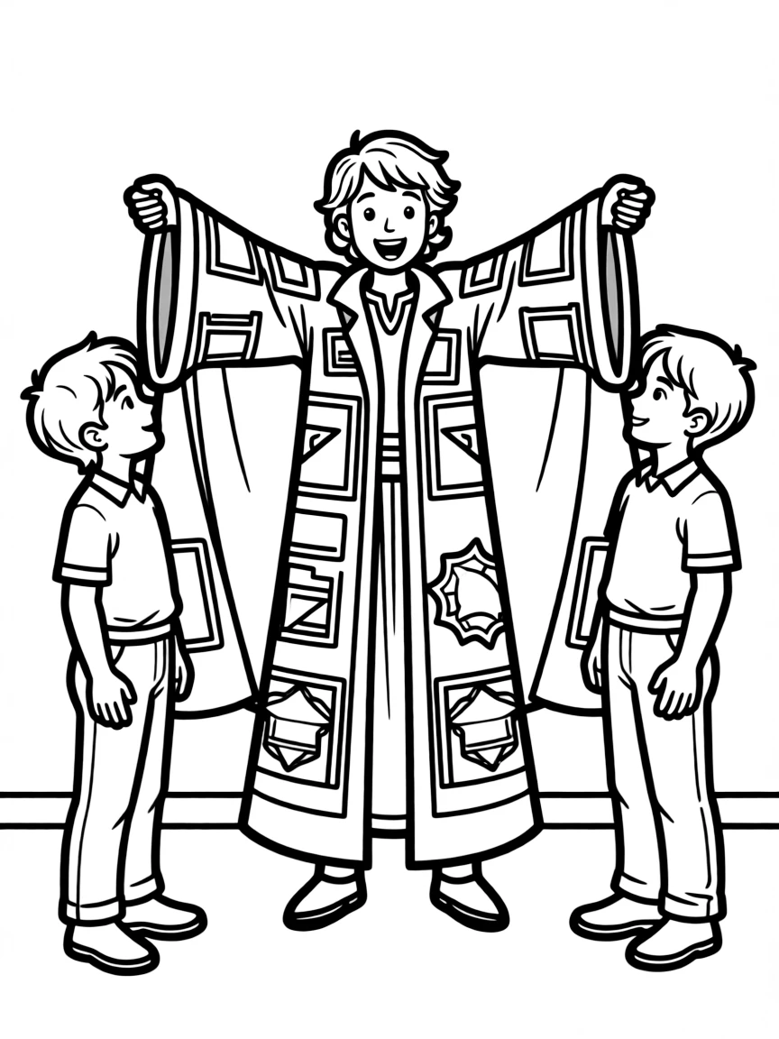 Joseph with his colorful coat, showing it to his brothers.
