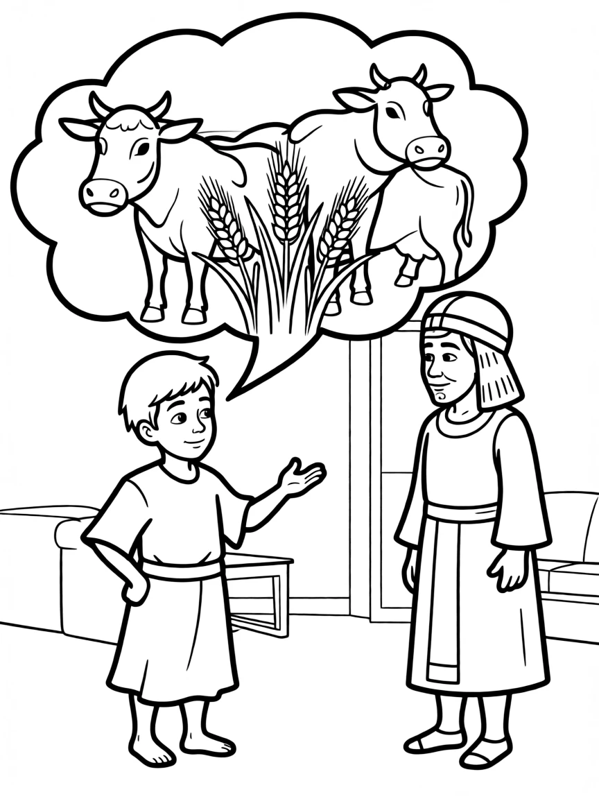 Joseph interpreting Pharaoh's dream, with a dream bubble showing cows and grain.