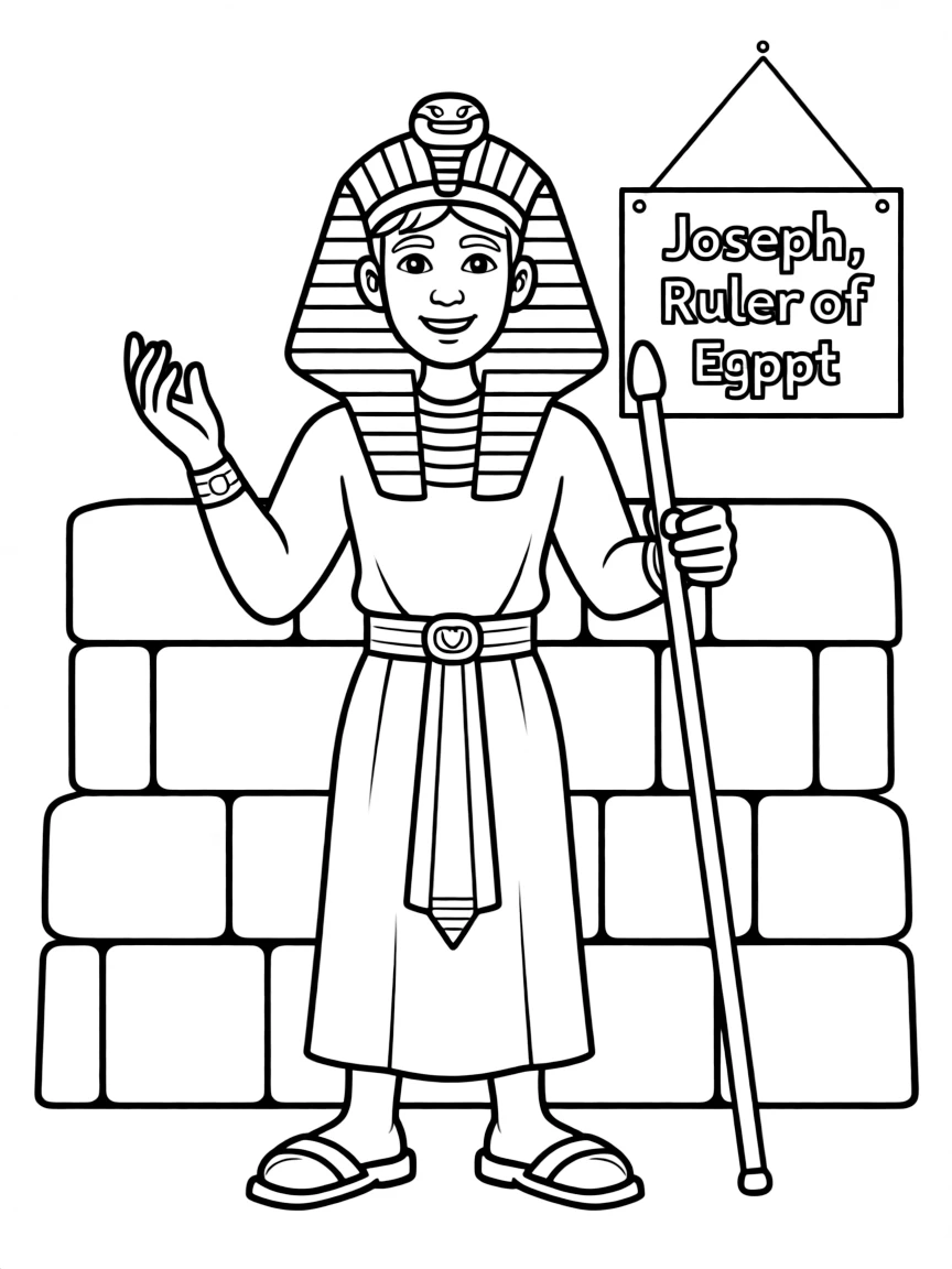 Joseph ruling over Egypt, with a pharaoh's crown and a kind smile.