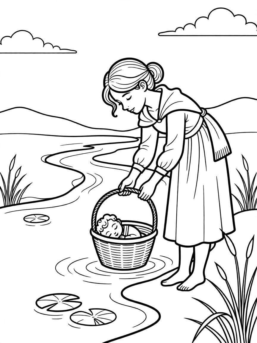 Moses' mother hiding him in a basket near the river.