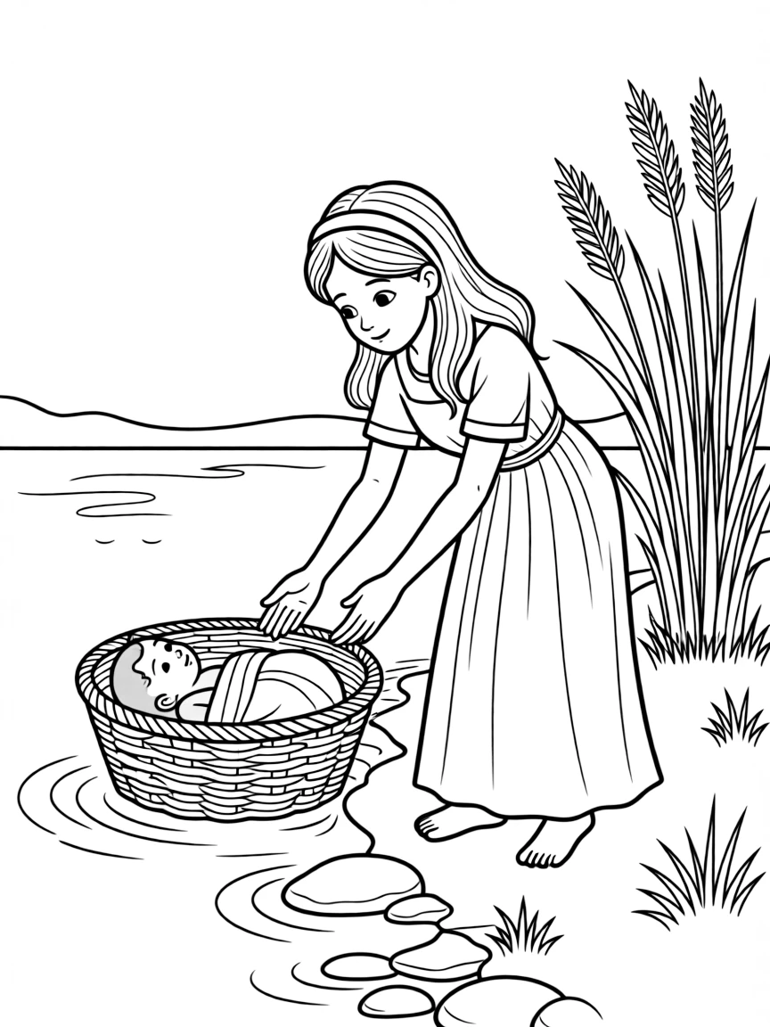 Pharaoh's daughter finding baby Moses in the basket.