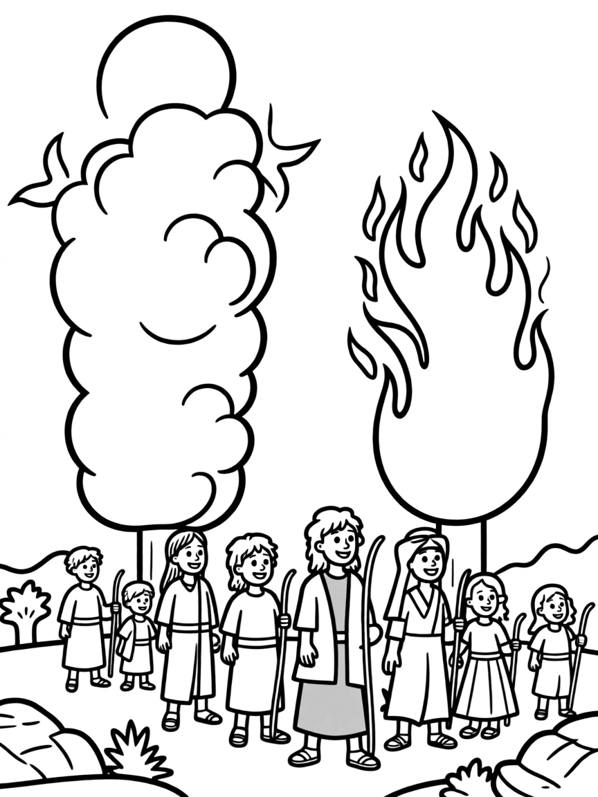 The pillar of cloud by day and pillar of fire by night guiding the Israelites.