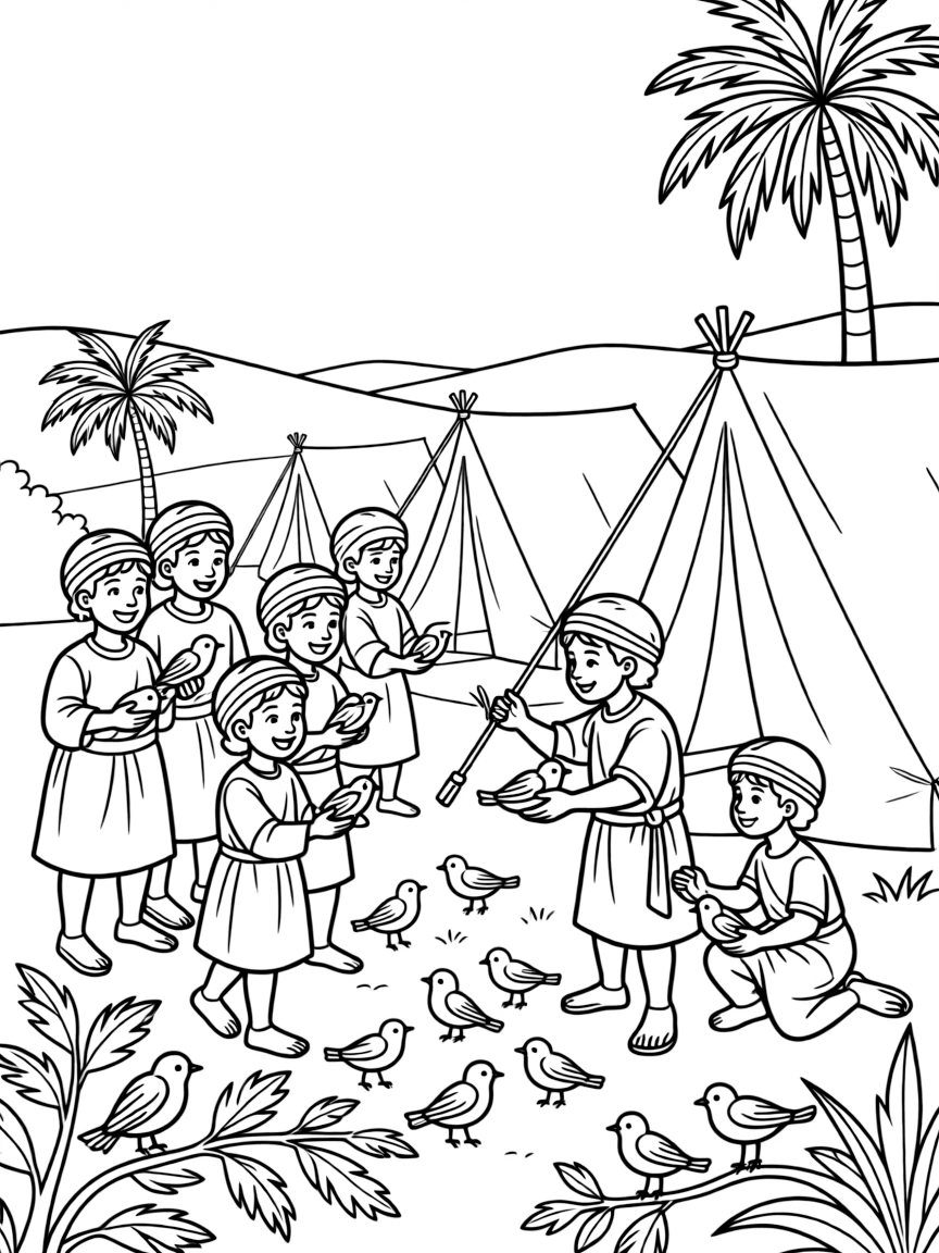 The Israelites gathering quails that land near their camp.