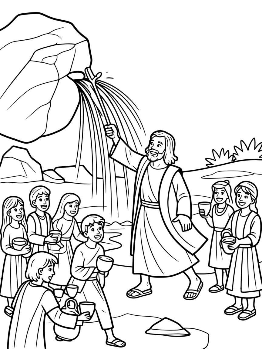 Moses striking the rock, and water gushing out for the thirsty Israelites.