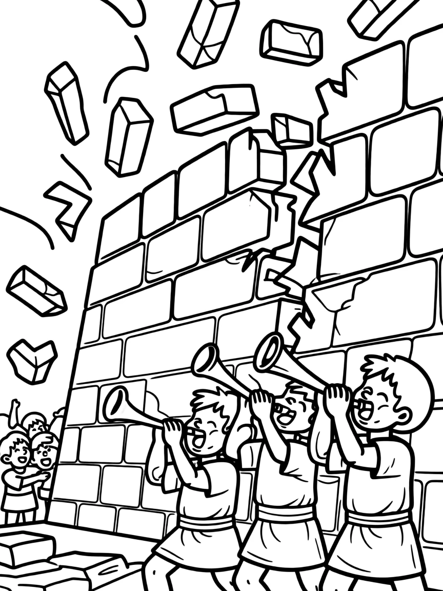 The walls of Jericho tumbling down, with trumpets blowing loudly.