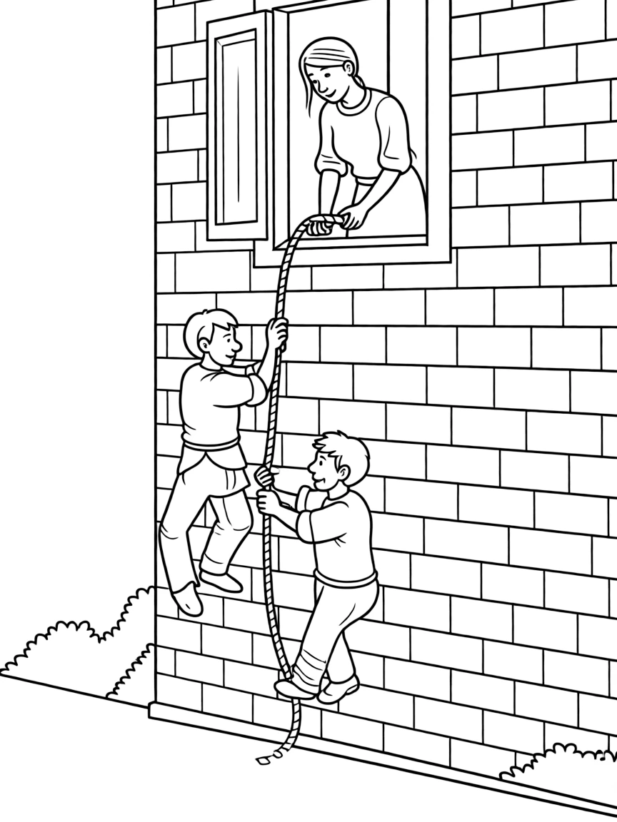 Rahab letting the spies down from her window with a rope.
