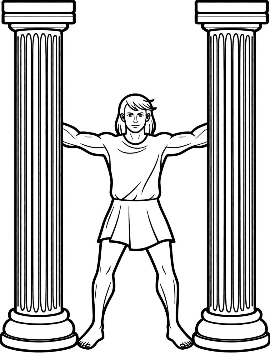 Samson with long hair, pushing apart two pillars.