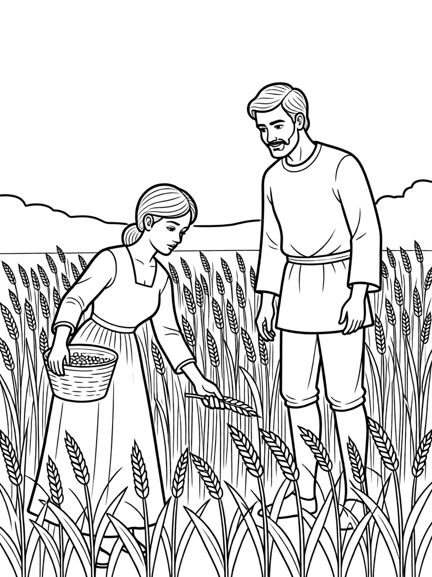 Ruth gathering grain in a field, with Boaz watching her.
