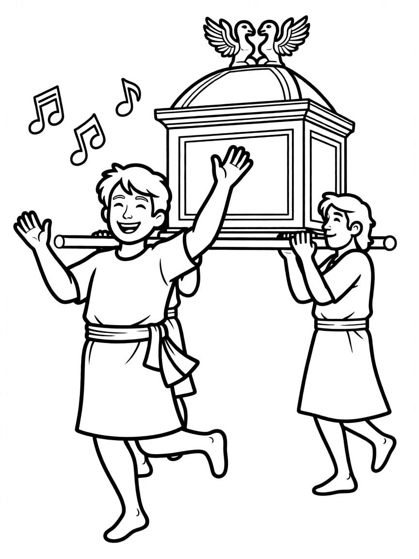 David bringing the ark of the covenant into Jerusalem, dancing joyfully.