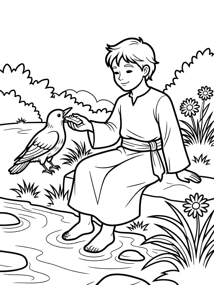 Elijah being fed by ravens near a brook.