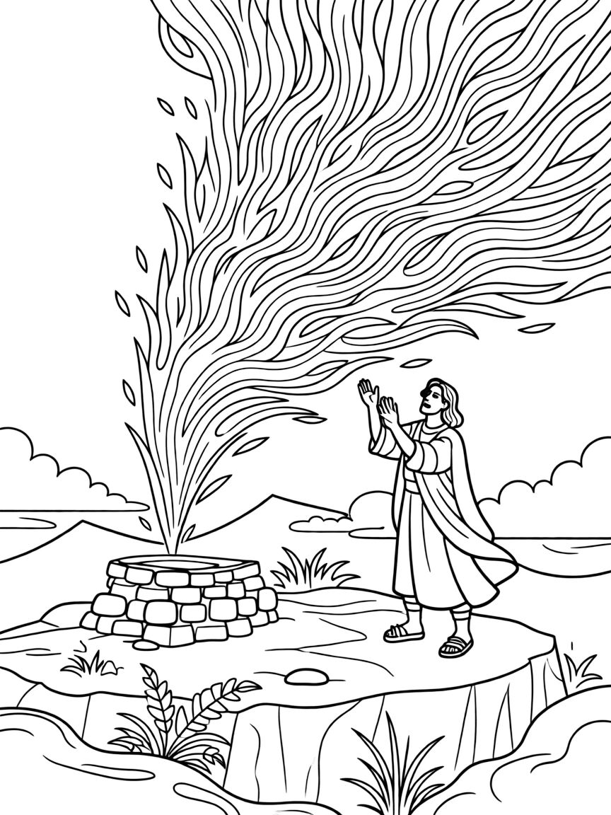 Elijah calling down fire from heaven on Mount Carmel.